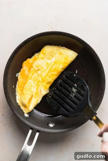 A person cooking a cheese omelette in a frying pan, demonstrating the fold.