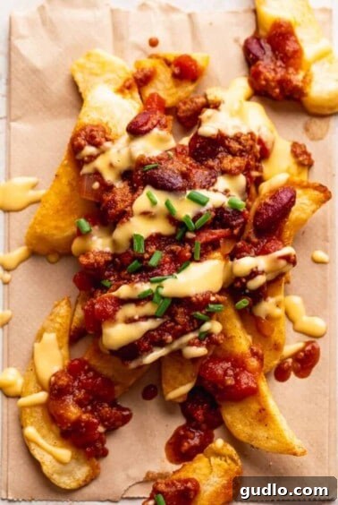 Ultimate Chili Cheese Fries 8 A pile of chili cheese fries, beautifully assembled and ready to eat.