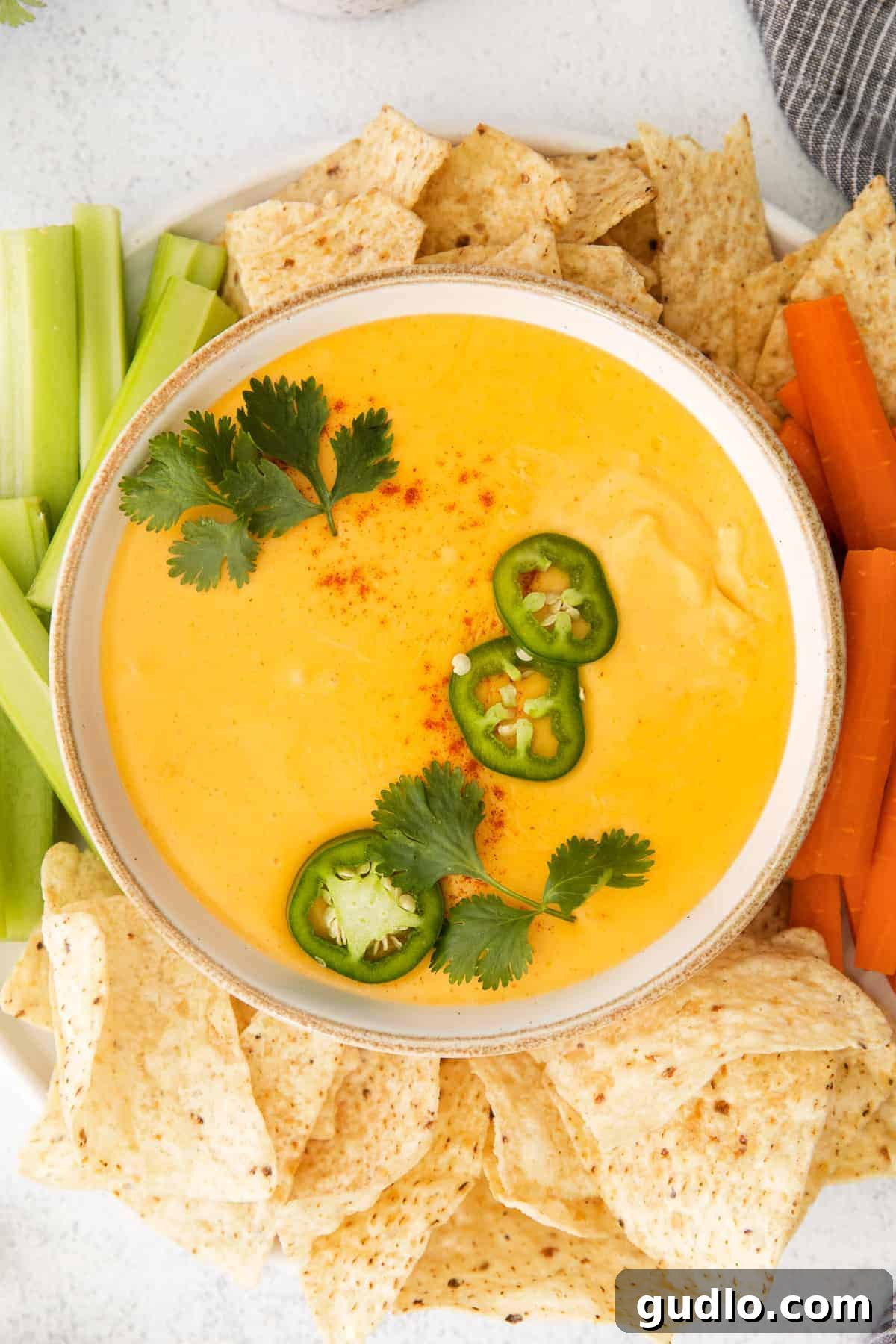 Delicious homemade nacho cheese dip, garnished with sliced fresh jalapeños, ready for dipping with a variety of snacks.