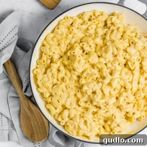 A serving of classic mac and cheese, ready to be enjoyed.