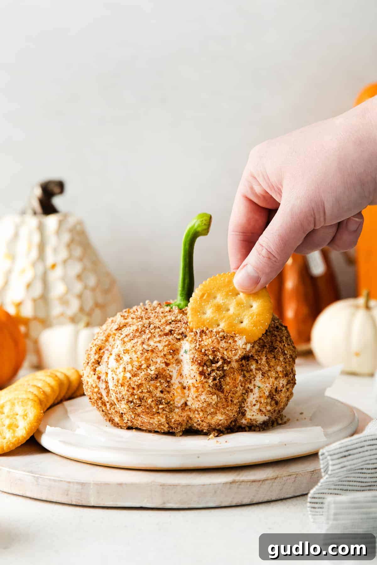 Ready to Serve: Dipping into the Pumpkin Cheese Ball A cracker being dipped into a pumpkin-shaped cheese ball on a rustic serving board.