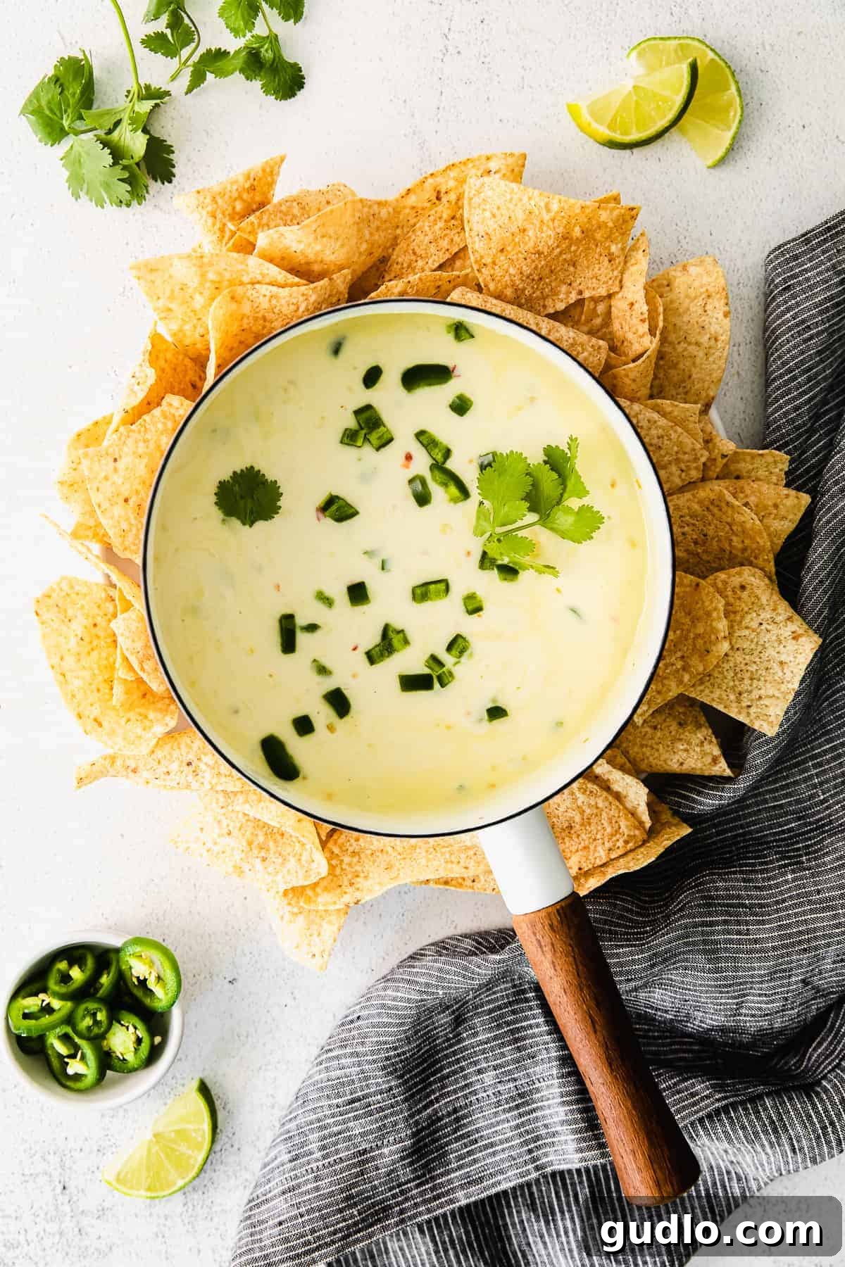 Freshly Prepared Homemade Queso Dip A steaming hot pot of creamy homemade queso dip, garnished with fresh cilantro and a sprinkle of spices, ready for dipping.