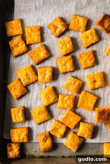 Homemade Golden Cheese Crackers 6 Golden-brown cheesy crackers cooling on a rack after being removed from the oven.