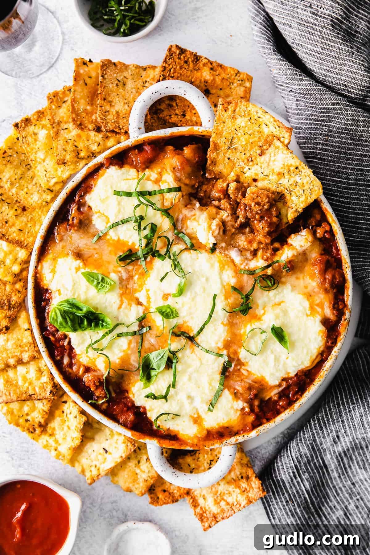 Skillet Lasagna Bake 2 Rich and creamy lasagna dip served in a rustic bowl, ready for dipping