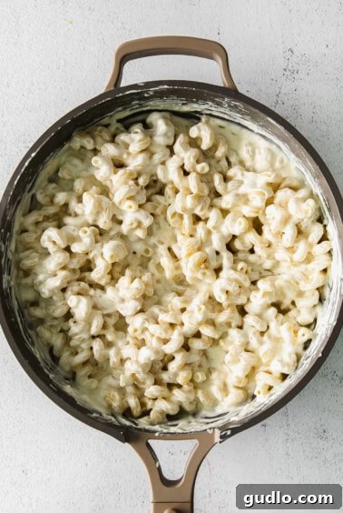 creamy pasta sauce over noodles in a skillet.
