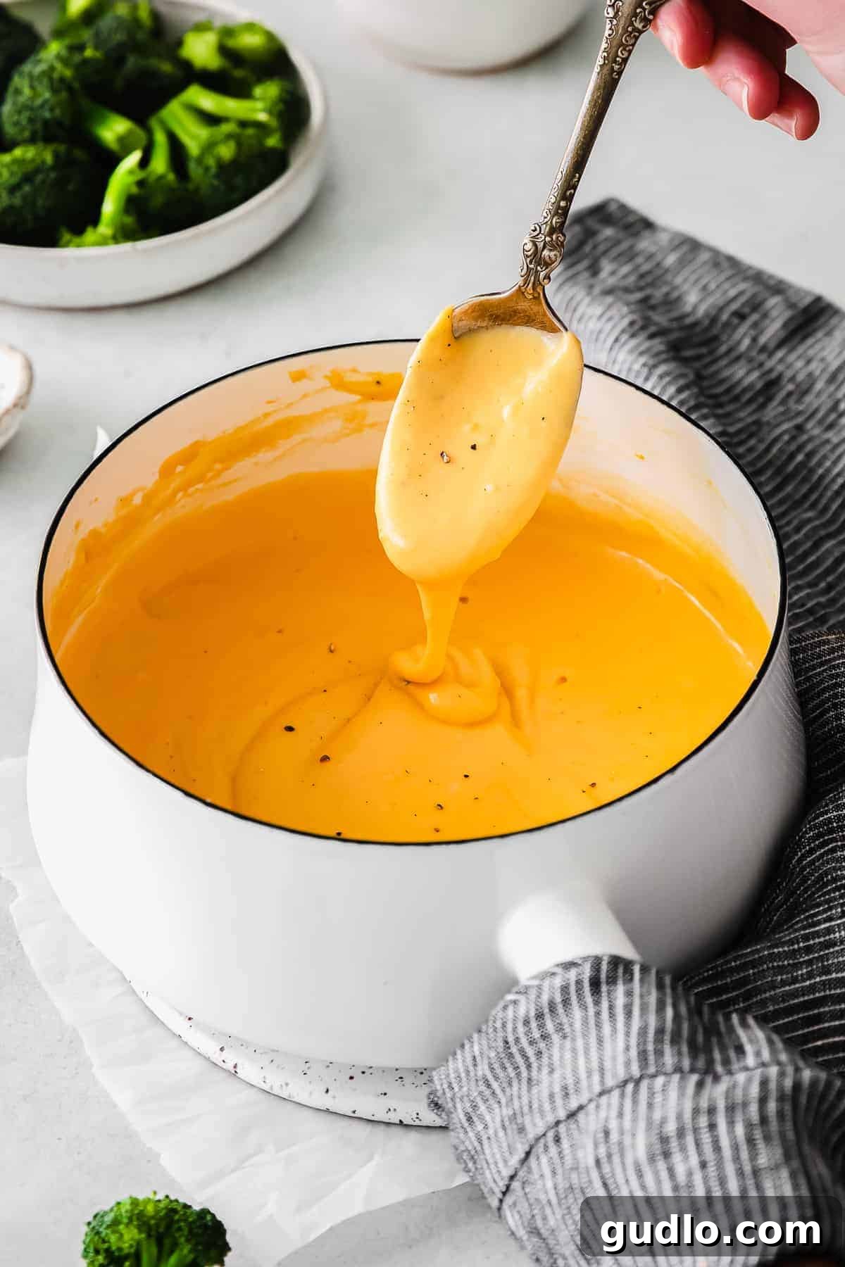 A bowl of rich, creamy cheese sauce ready to be served.