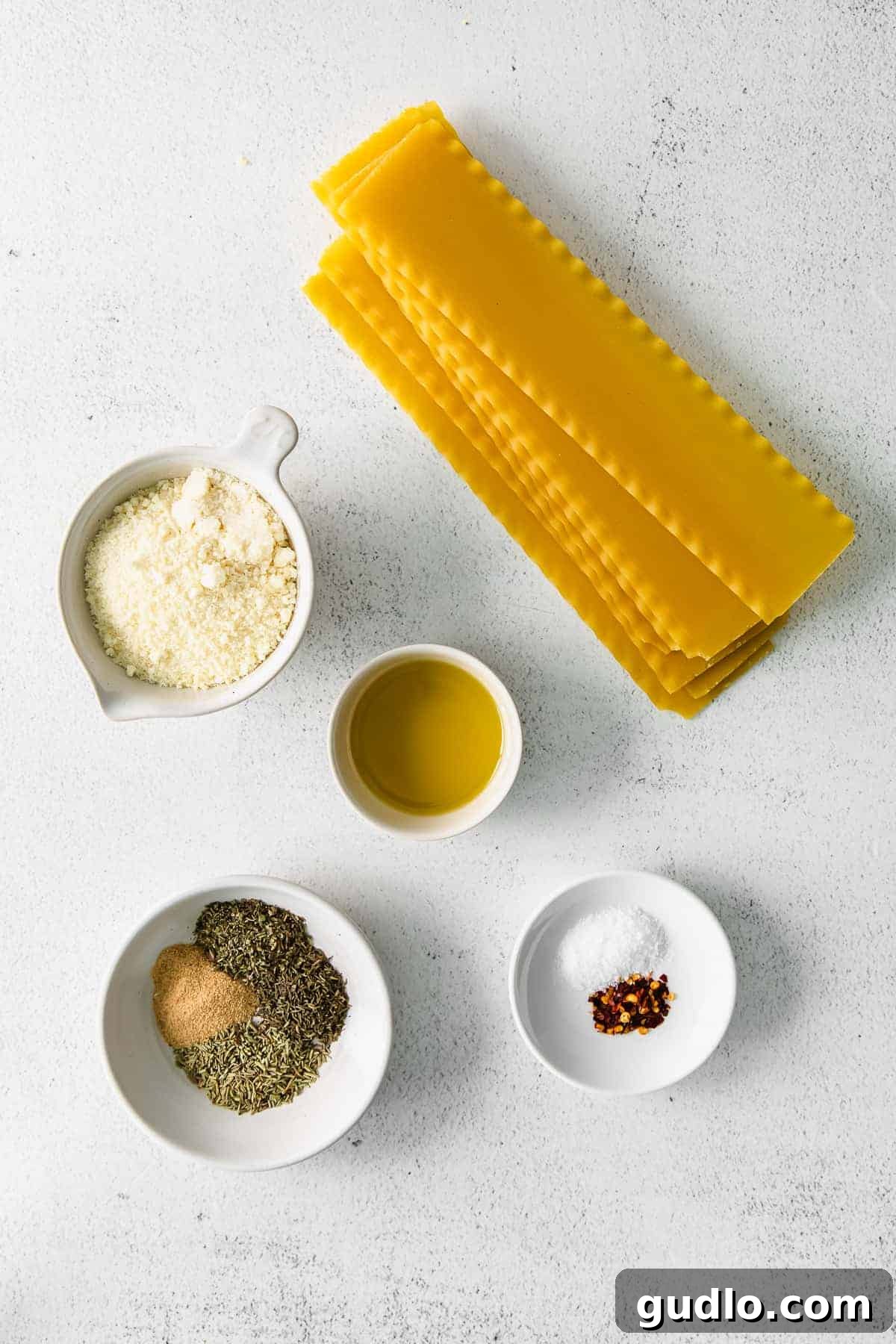 Ingredients for Air Fryer Pasta Chips laid out on a countertop