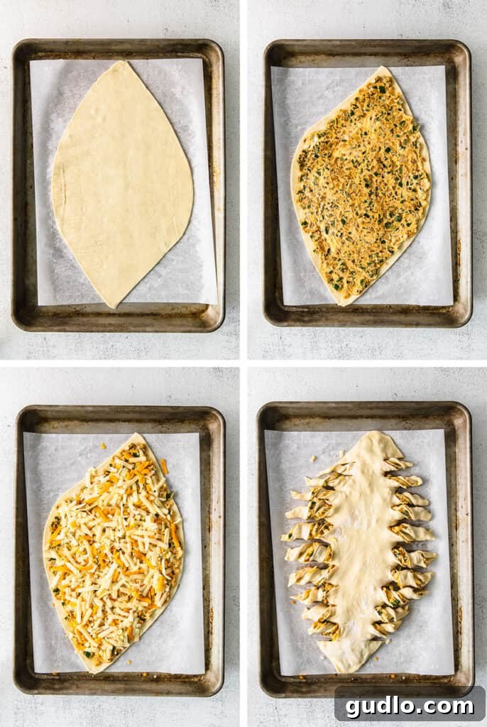 It's game day and we're making these jalapeño popper football-shaped stuffed cheesy breadsticks! This appetizer is a deliciously perfect dish to pass. 4 steps for creating and stuffing football cheesy breadsticks on a baking sheet