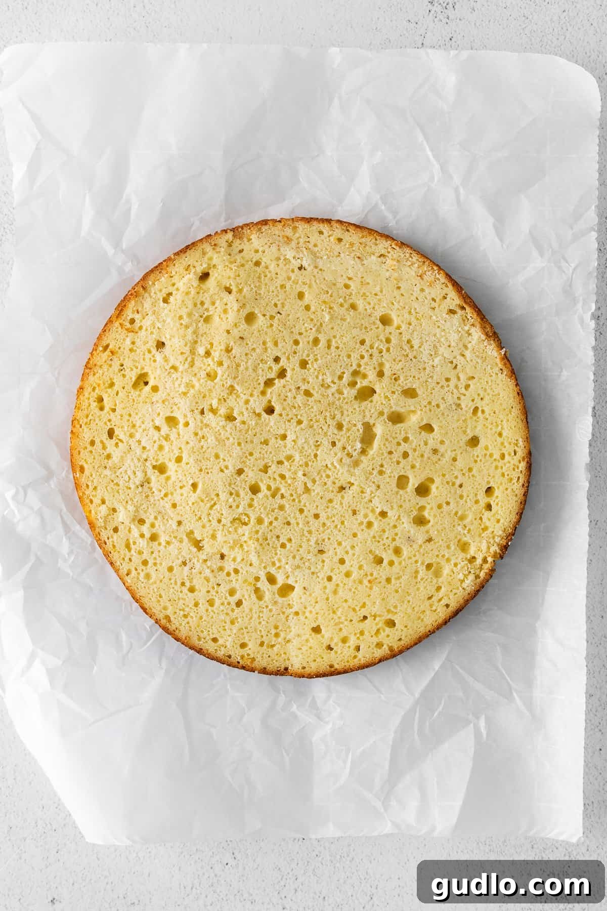 Dreamy Strawberry Ricotta Layer Cake 8 One perfectly sliced half of a moist ricotta cake resting on parchment paper, revealing its tender crumb.