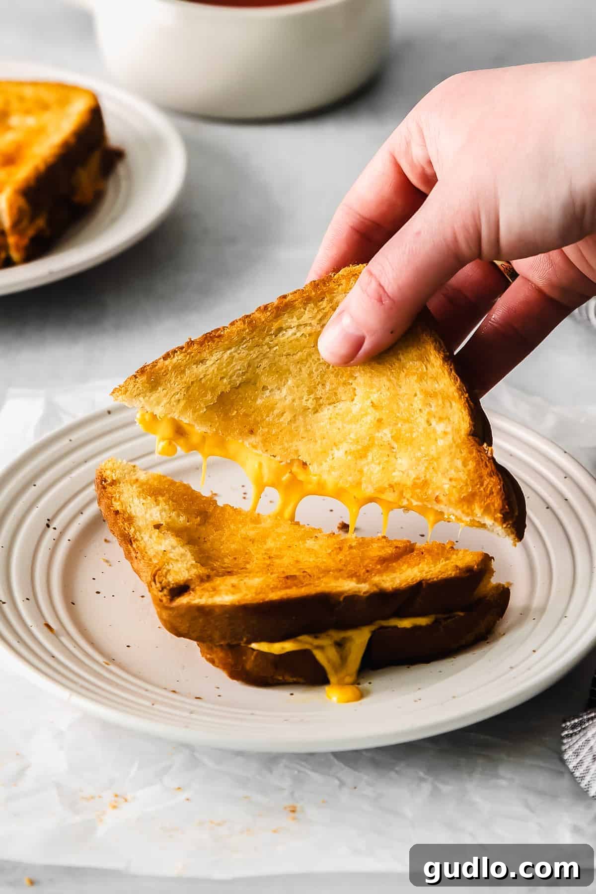 Crispy, perfect air fryer grilled cheese is ready in less than 15 minutes and only requires 4 ingredients! Crispy, golden air fryer grilled cheese sandwich on a plate, ready to be enjoyed.