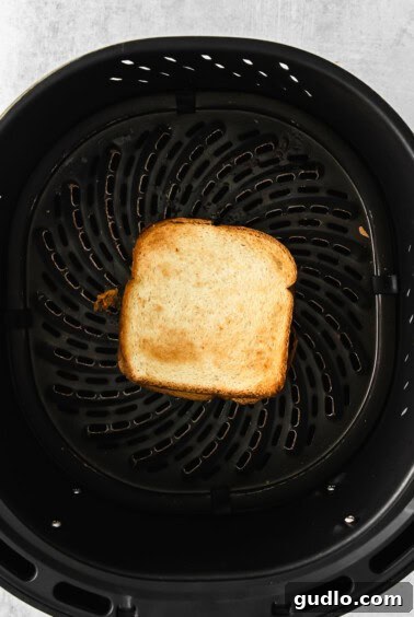 Golden Crispy Air Fryer Grilled Cheese 5 A crispy grilled cheese sandwich cooking in an air fryer.