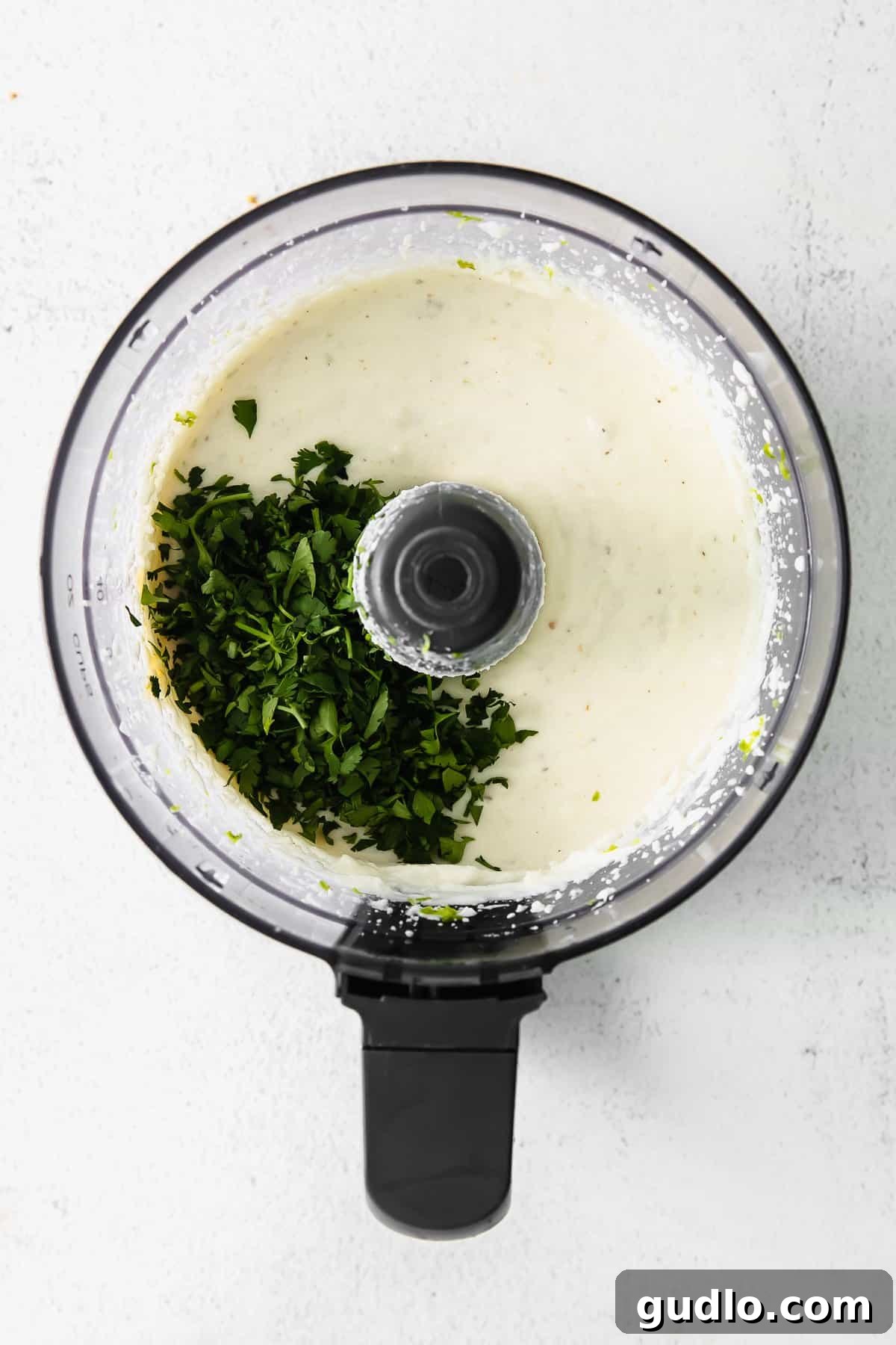 Use this simple recipe for queso fresco cheese dip for chips, raw veggies, or as a topping for enchiladas or quesadillas! Close-up of crema Mexicana and fresh cilantro being added to a food processor, highlighting the beginning steps of making the dip.