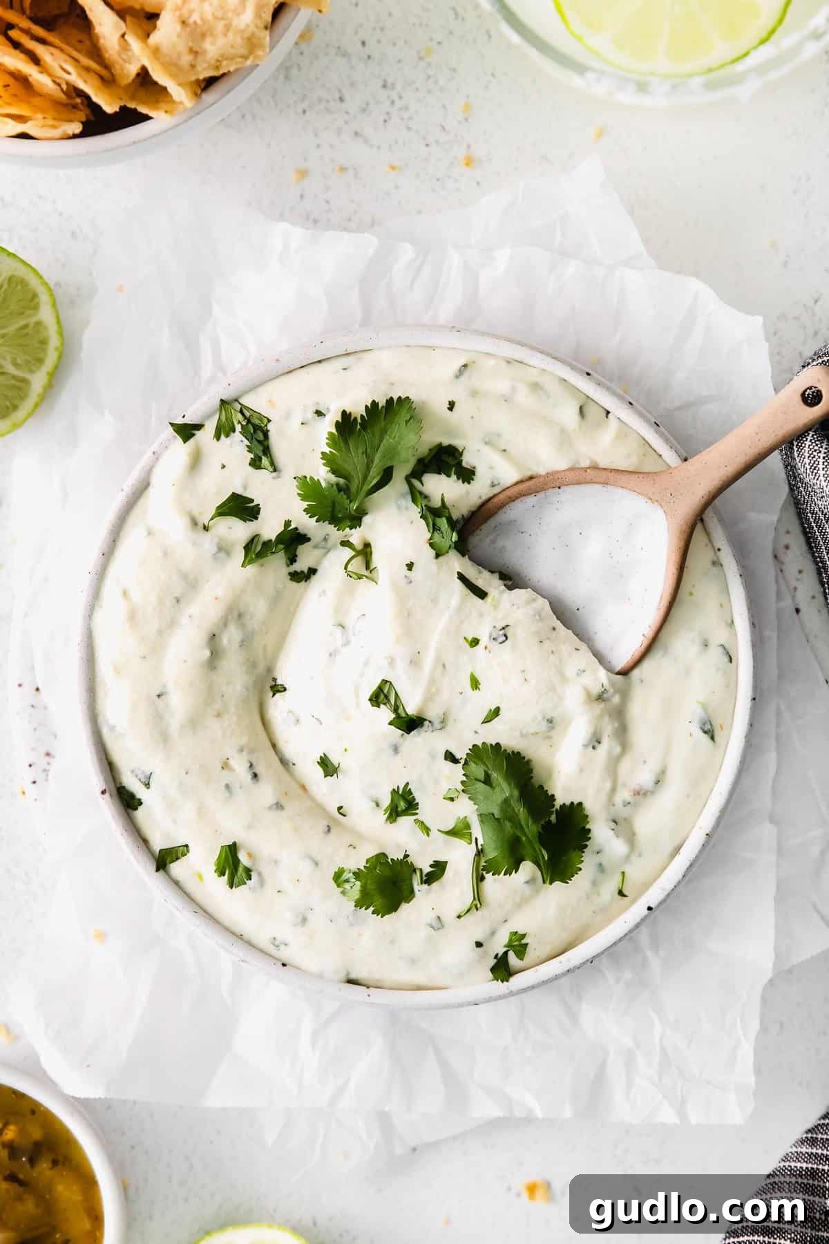 Use this simple recipe for queso fresco cheese dip for chips, raw veggies, or as a topping for enchiladas or quesadillas! The finished Queso Fresco Dip presented beautifully in a serving bowl, garnished with fresh cilantro.