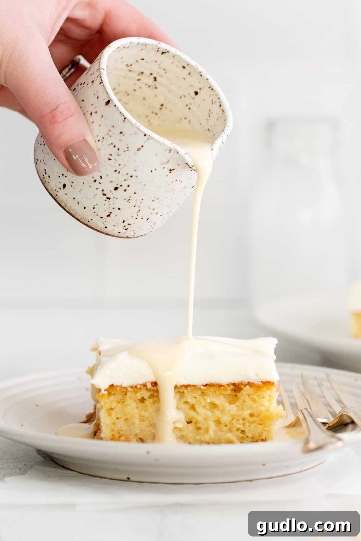 Delicious Tres Leches Cake being drizzled with milk, showcasing its moist texture and topped with cream cheese frosting.
