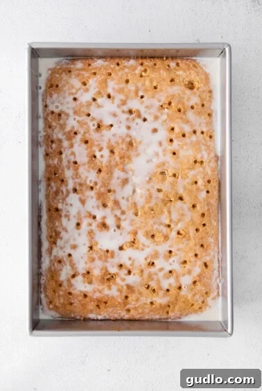 A close-up of milk being poured over a cake, highlighting the absorption process.