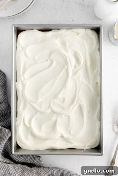 A freshly frosted Tres Leches cake in its baking pan, ready to be chilled.