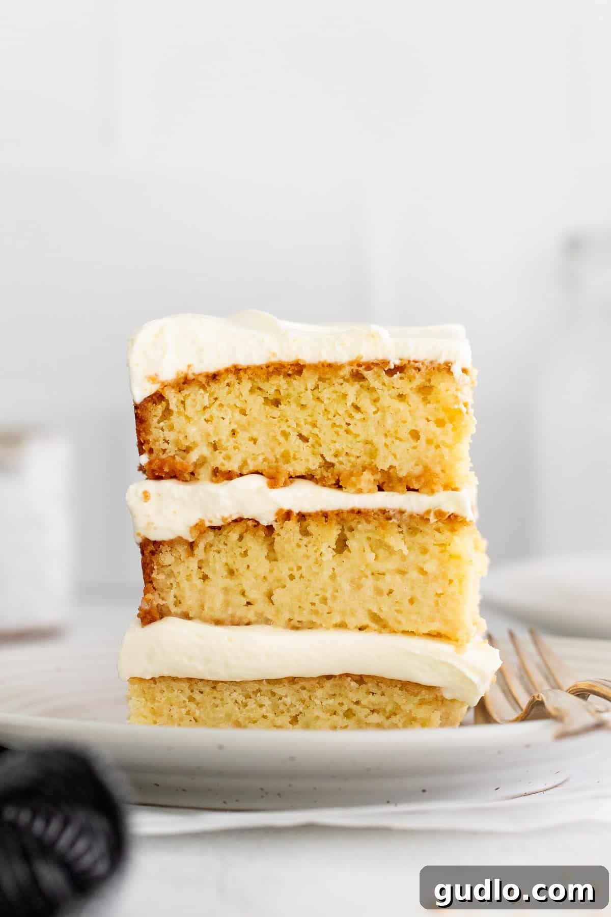 Close-up of a beautifully decorated Tres Leches cake with cream cheese frosting and a sprinkle of cinnamon.