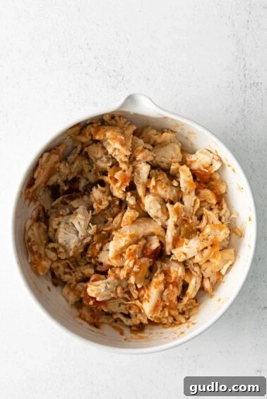 Quick and Crispy Air Fryer Quesadillas 4 Shredded chicken and salsa mixed in a white bowl, ready for quesadilla assembly.