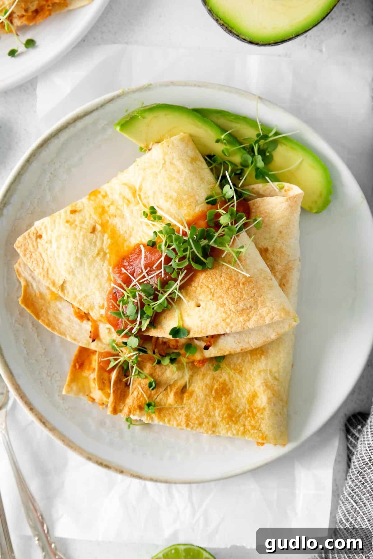 Served Air Fryer Quesadilla A freshly sliced air fryer quesadilla served on a plate with fresh cilantro garnish.