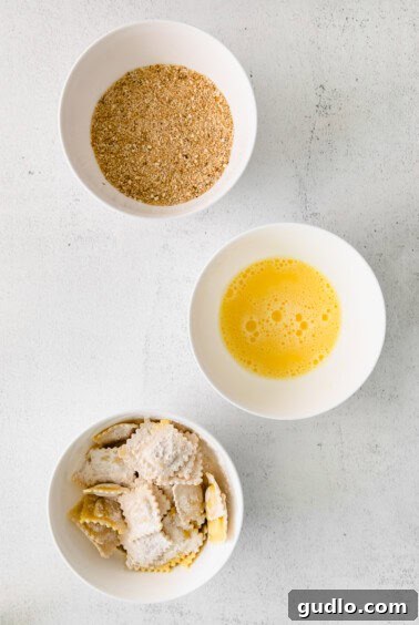 Air fryer ravioli ingredients in bowls.