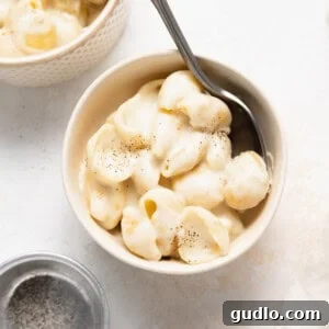 A beautifully presented bowl of creamy white cheddar mac and cheese, featuring perfectly cooked noodles coated in a rich, velvety sauce, garnished with fresh parsley.