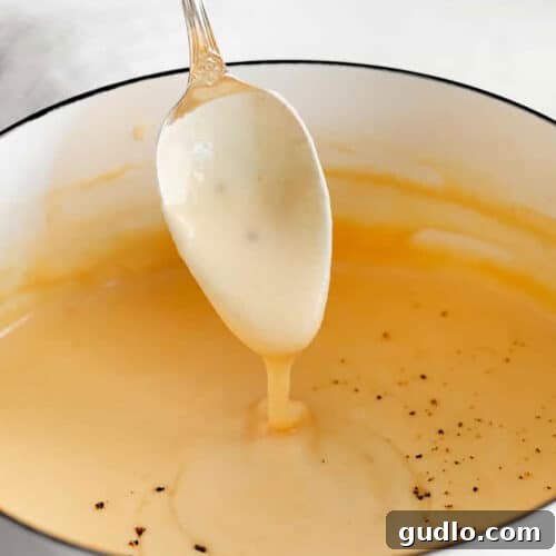 A spoon is gently pouring a rich, creamy cheddar cheese sauce into a pot, highlighting its luscious texture and inviting warmth.