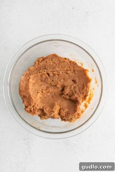 A bowl of creamy refried bean mixture with salsa and seasoning.