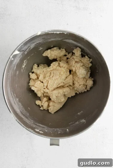 Savory Homemade Cheese Crisps 3 Crumbly dough starting to form in a mixing bowl after adding flour and water, indicating readiness for shaping.
