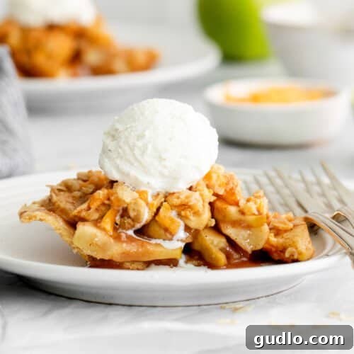 apple pie with ice cream on a plate.