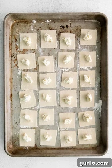 Square pasta sheets laid out with dollops of cheese filling, perfectly spaced and ready for the folding process.