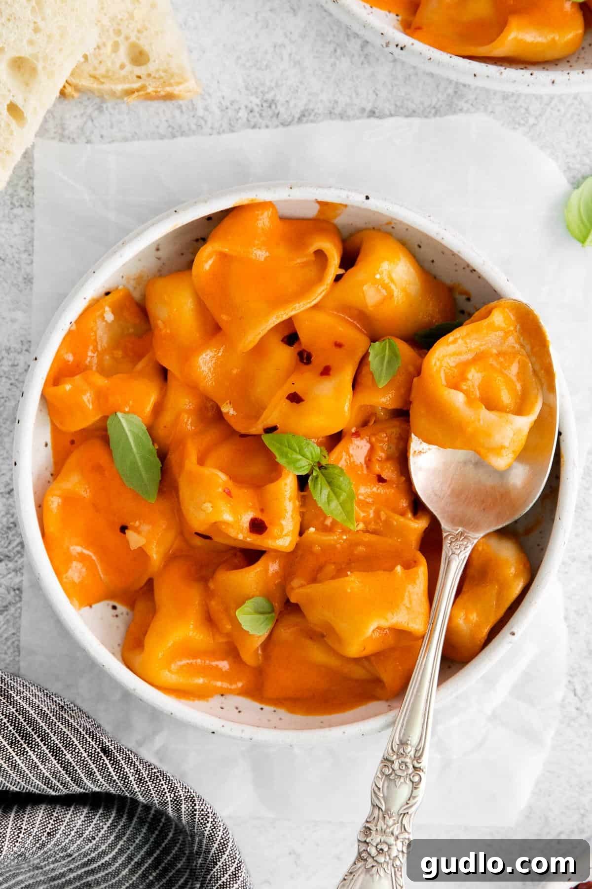 Vodka Blush Tortellini 8 A single spoonful of cheese tortellini with vodka sauce, beautifully garnished with fresh herbs, enticingly ready for a delicious bite.