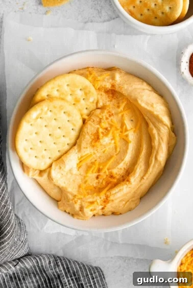 A bowl of creamy homemade cheese spread surrounded by various crackers and fresh vegetables, ready for a party.