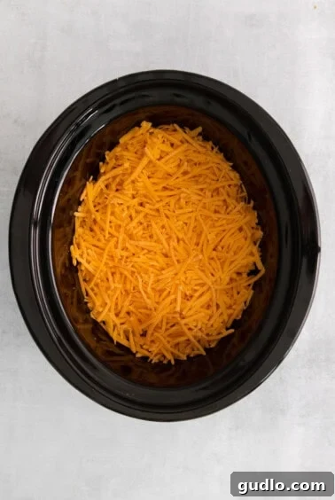 Shredded cheddar cheese layered over uncooked elbow macaroni noodles in a black crock pot.