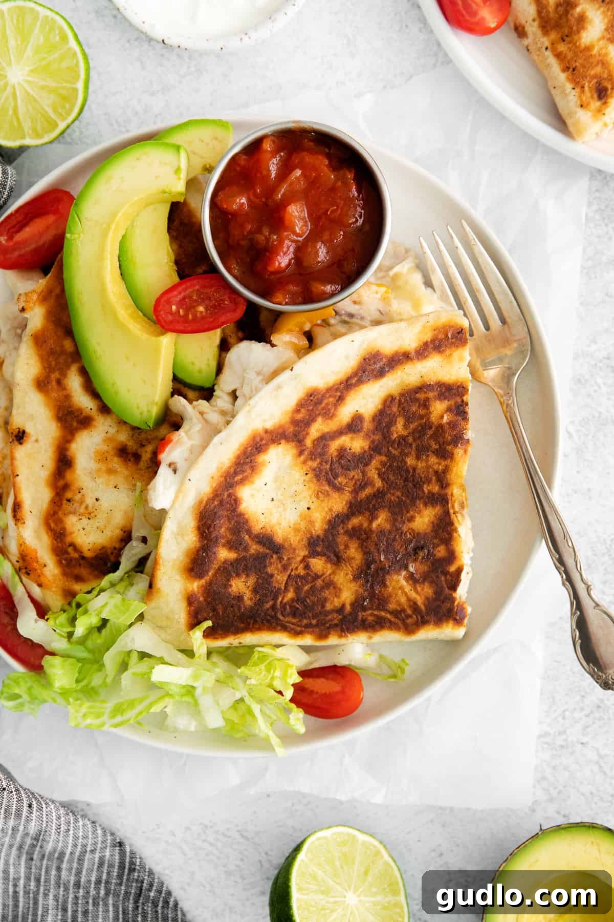 Plated chicken quesadillas served with fresh salsa and creamy avocado slices, ready for enjoyment.