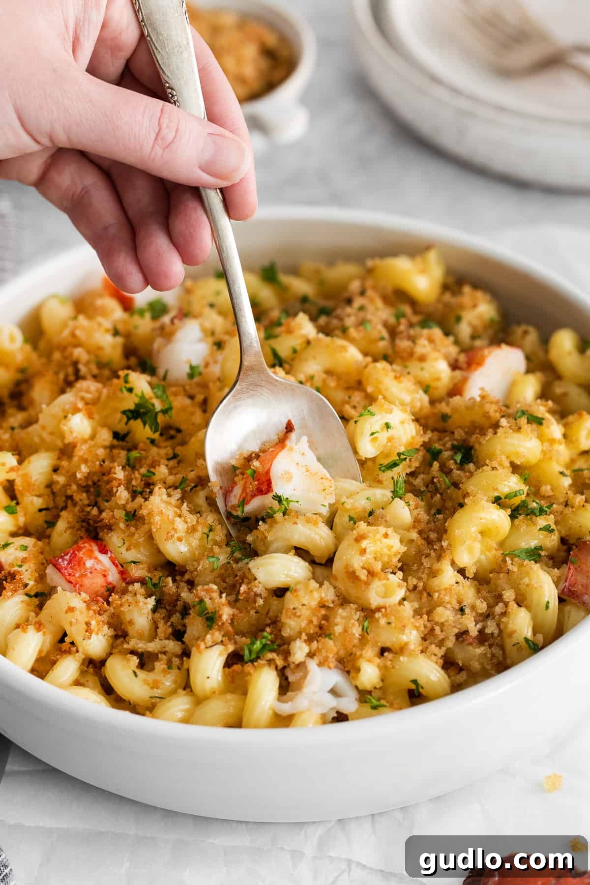 Decadent Lobster Macaroni 7 A spoon scooping up a generous portion of lobster mac and cheese, highlighting the rich sauce and chunks of lobster.