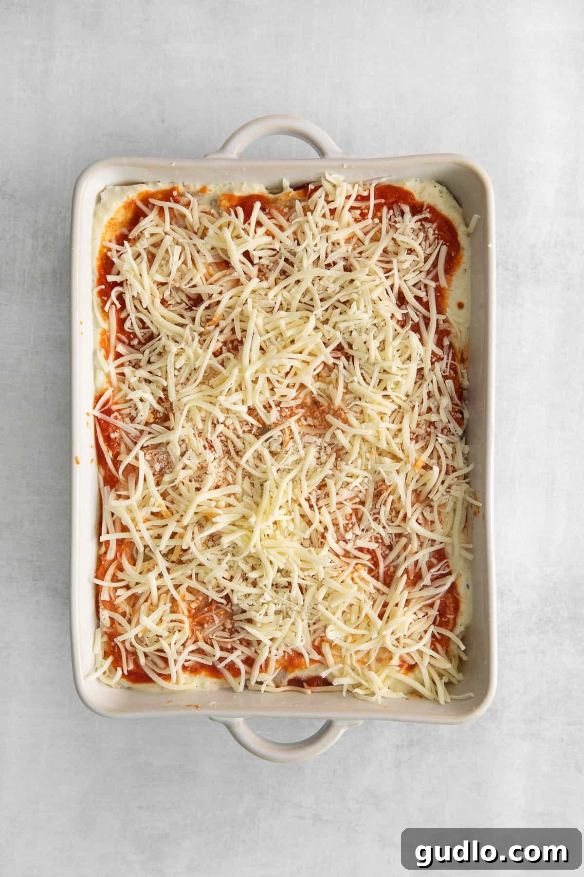 Uncooked lasagna ready for the oven. An uncooked pan of expertly layered cheese lasagna, showcasing the various components before baking, with a promise of cheesy perfection.