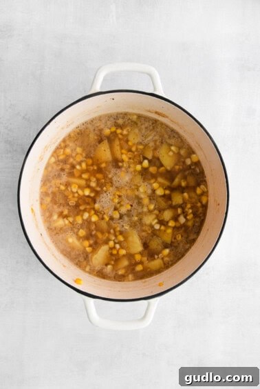 A pot of soup with beans and corn on a white background.