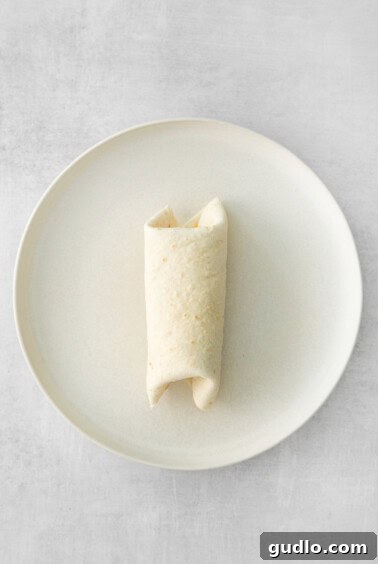 A rolled burrito on a plate, wrapped in parchment paper.