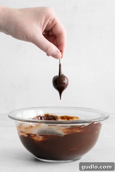 A fresh cherry being carefully dipped into a bowl of perfectly melted, glossy dark chocolate.