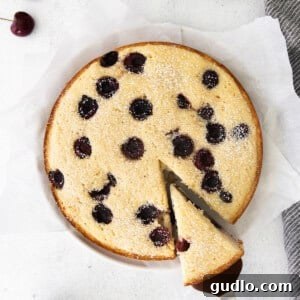 Velvet Cherry Mascarpone Chocolates 7 A delectable slice of cherry ricotta cake on a white plate, garnished with fresh cherries.