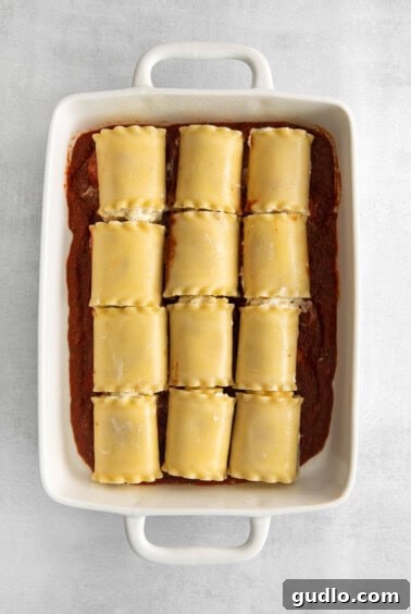 Pizzagna Swirls 8 Assembled lasagna roll ups in a casserole dish before topping.