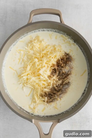 The creamy cheese sauce with spices and shredded cheddar cheese melting in a pot.