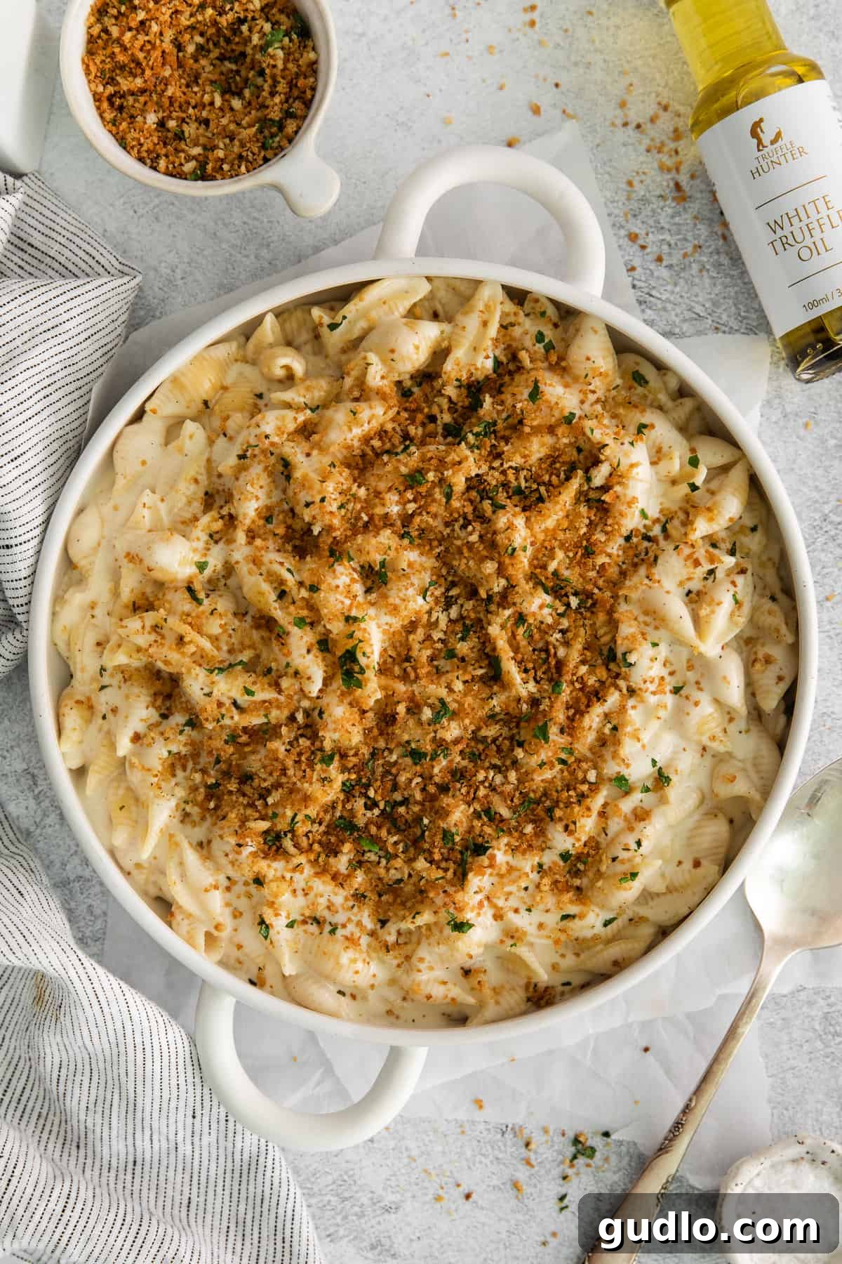 Decadent Truffle Mac 8 Truffle mac and cheese beautifully presented in a casserole dish, ready for serving or storing.