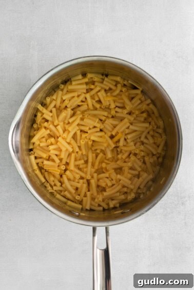 Freshly cooked mac and cheese in a pot, ready for the next step.