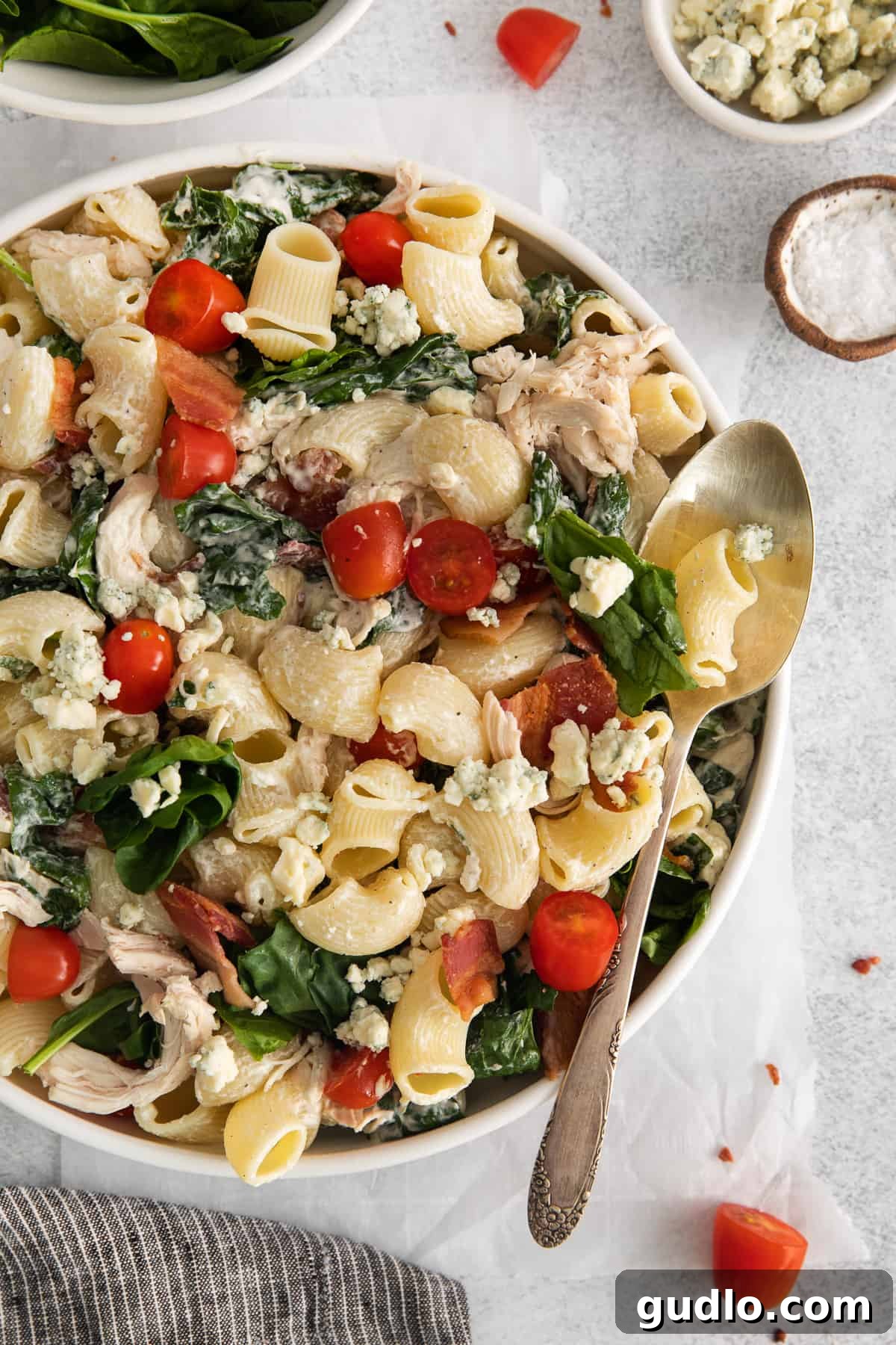 Creamy Gorgonzola Chicken Pasta Salad 2 A large ceramic bowl filled with creamy Gorgonzola Chicken Pasta Salad, garnished with fresh parsley and ready to be served.