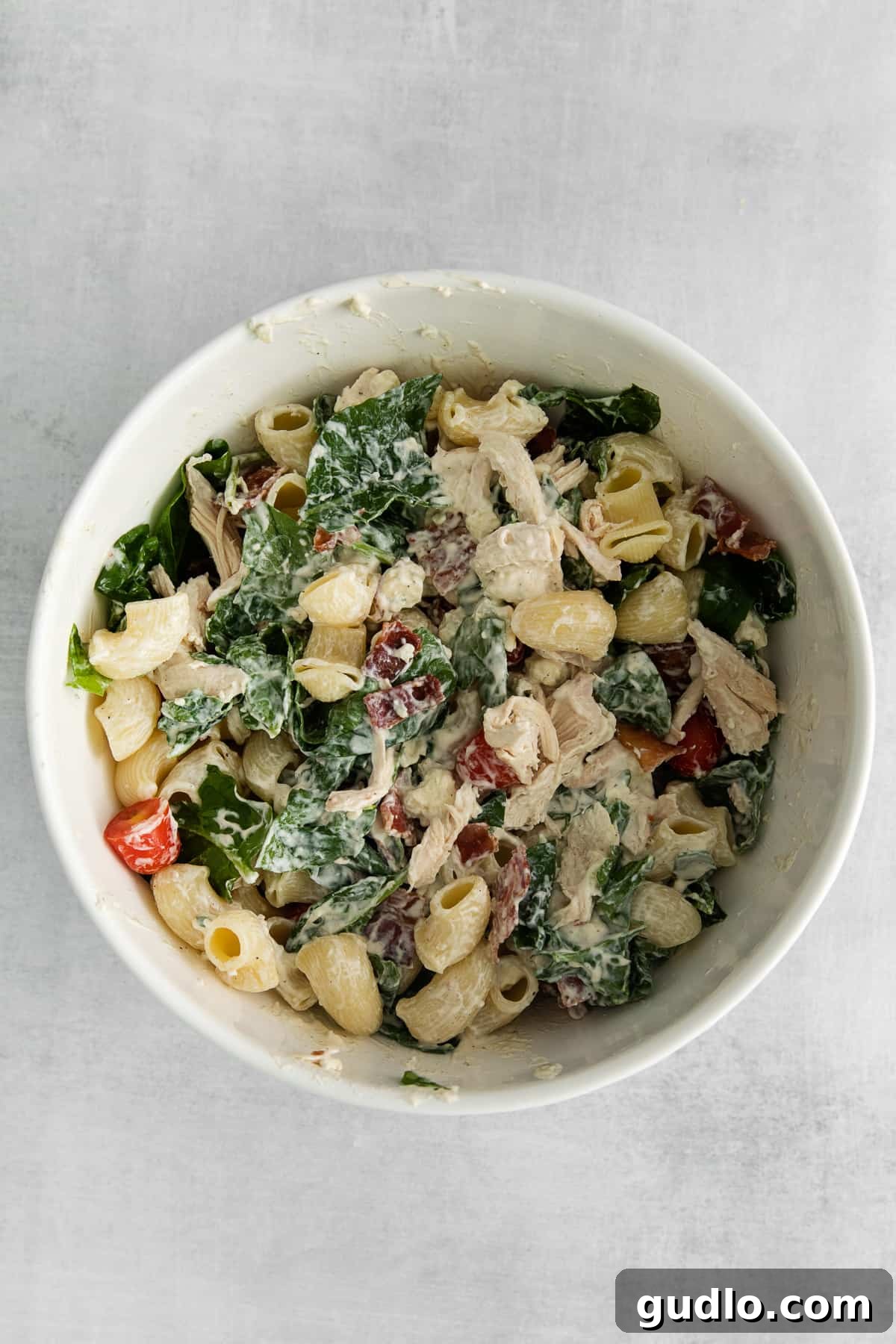 Creamy Gorgonzola Chicken Pasta Salad 7 A large, elegant serving bowl generously filled with the vibrant and colorful Gorgonzola Chicken Pasta Salad, poised to be the centerpiece of any meal.