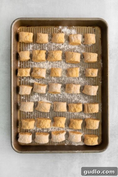 Golden Pumpkin Pillows 6 Small, uncooked gnocchi pieces neatly arranged on a floured baking sheet.