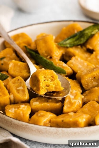Golden Pumpkin Pillows 8 A delectable serving of pumpkin gnocchi in a bowl, garnished with fresh herbs.