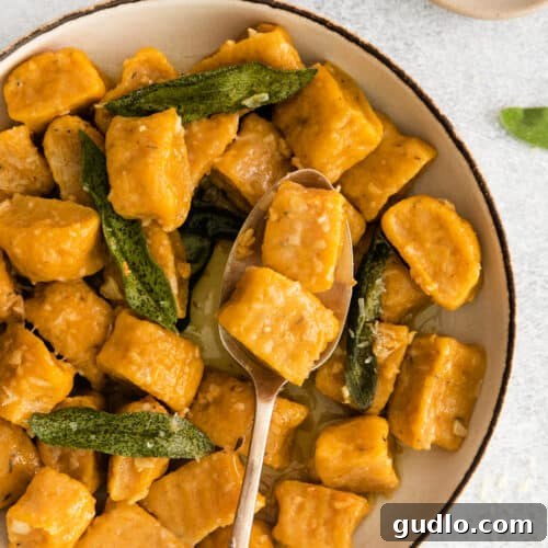 A delightful bowl of pumpkin ricotta gnocchi, perfectly cooked and ready to be served.