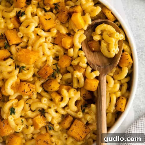 A bowl of pumpkin macaroni and cheese, topped with fresh parsley, next to a wooden spoon.